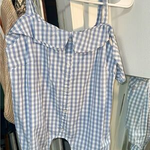 Macy's Blue and White Gingham Off-Shoulder Top